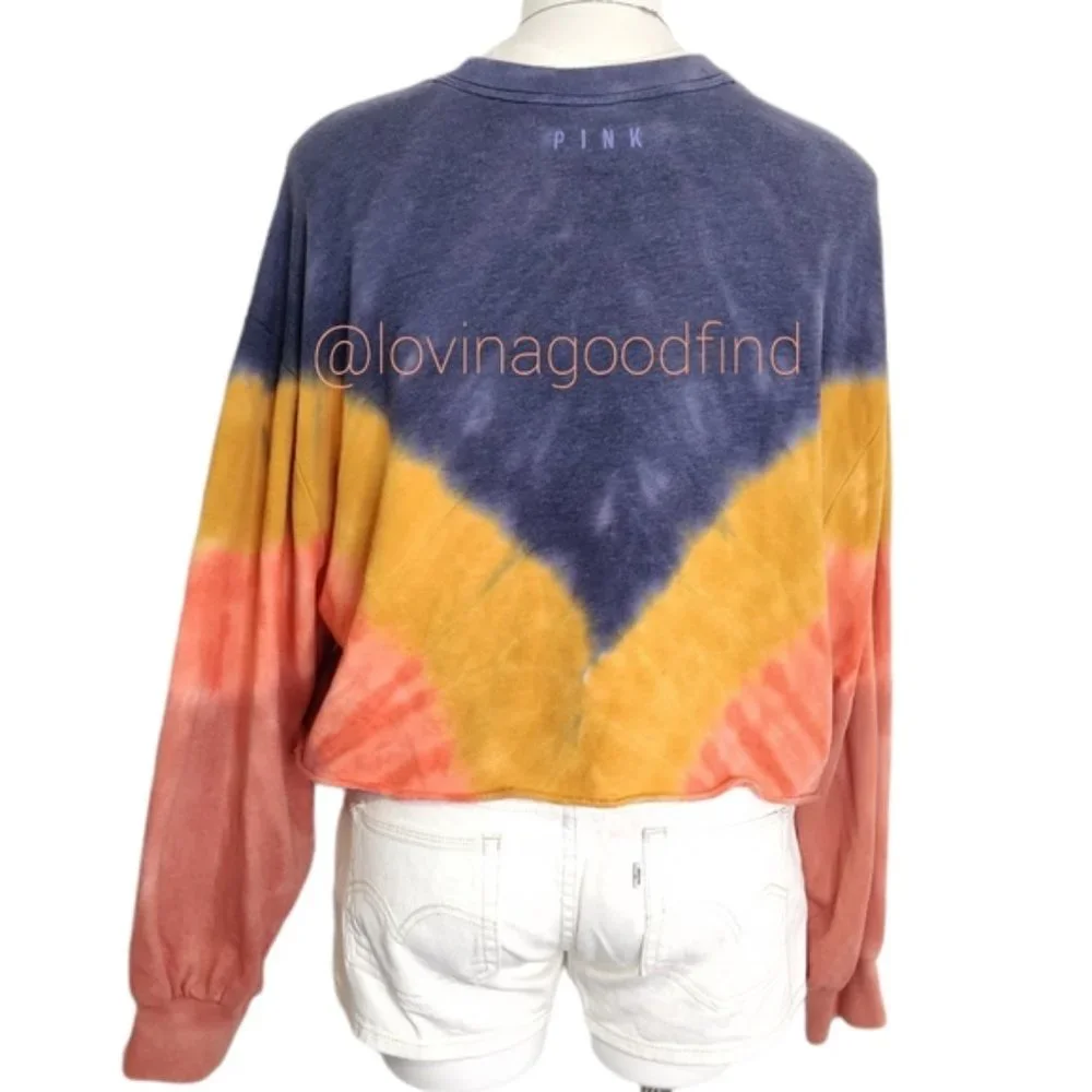 VS PINK Tie Dye Tricolor Crop Oversized Sweatshirt EUC sz M - Picture 7 of 9